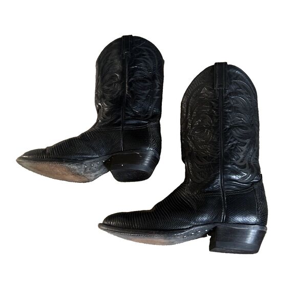 Vintage Tony Lama Size 10D Black Teju Lizard wingtips western cowboy boots